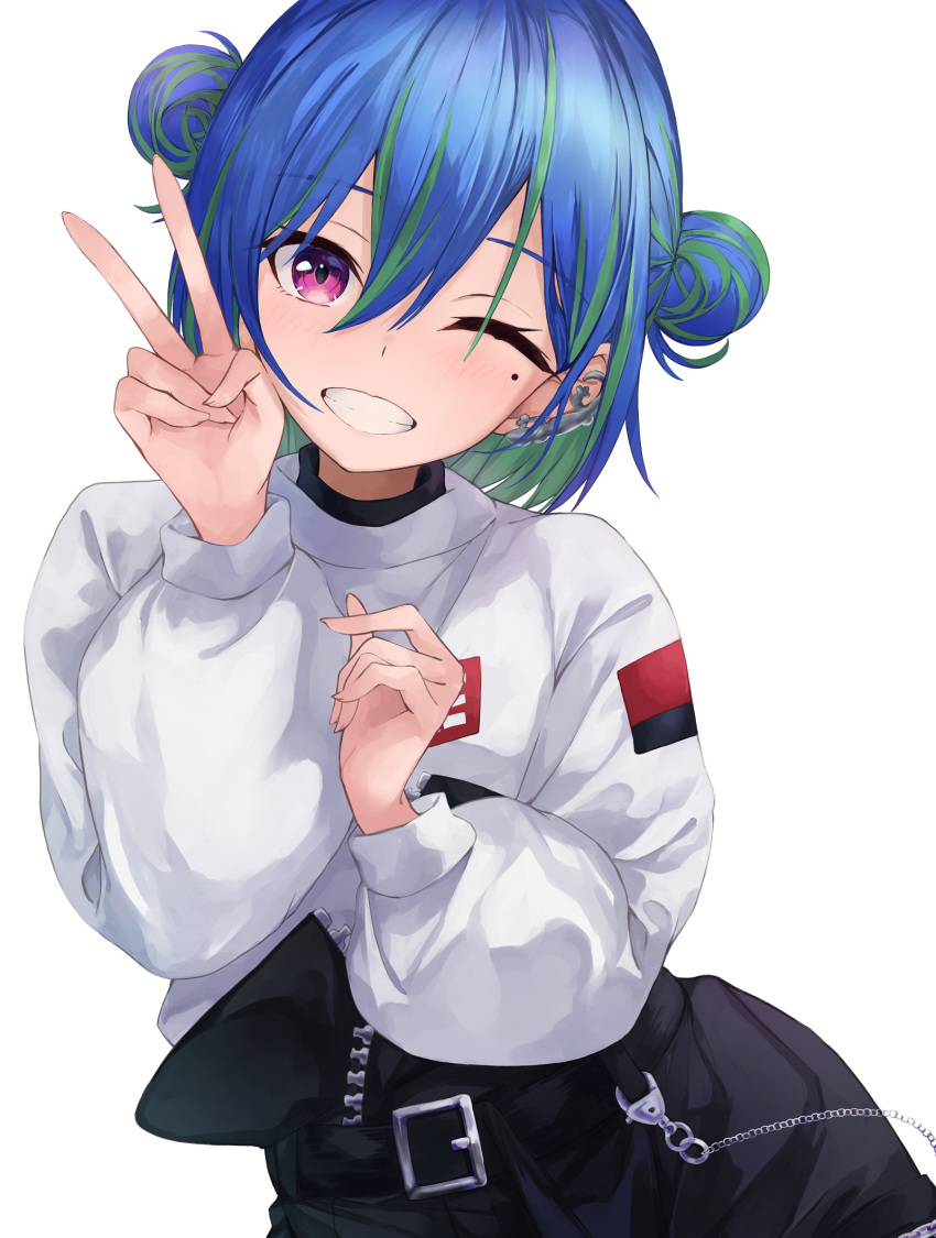 1girl black_shorts blue_hair blush chain commentary_request cowboy_shot double_bun earclip fingernails green_hair grin hair_between_eyes hair_bun highres konkito long_bangs long_sleeves looking_at_viewer mole mole_under_eye multicolored_hair nanashi_inc. official_alternate_costume one_eye_closed pink_eyes short_hair shorts simple_background smile solo suzumi_nemo suzumi_nemo_(2nd_costume) sweater two-tone_hair v virtual_youtuber white_background white_sweater zipper