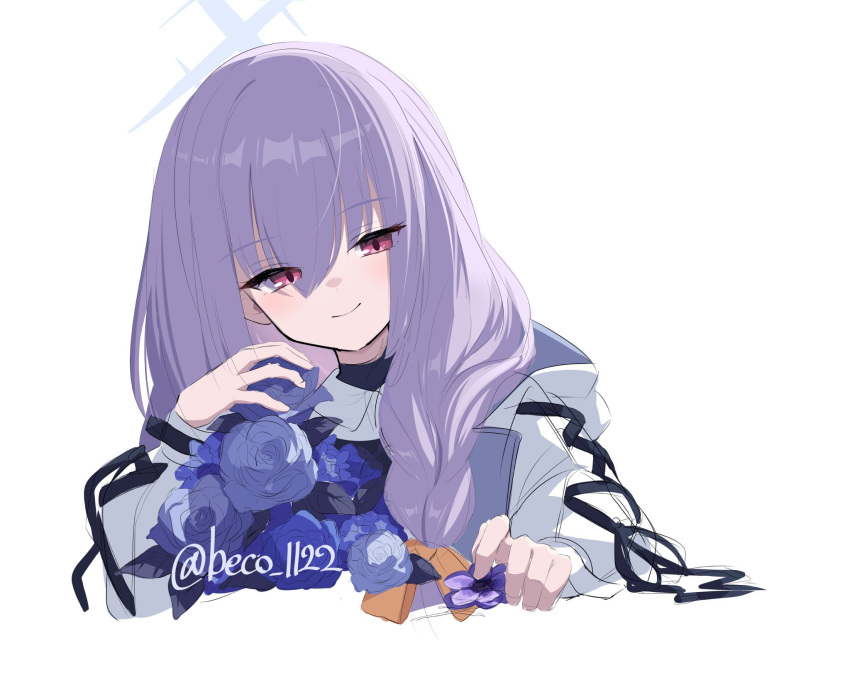 1girl atsuko_(blue_archive) beko_(beco_1122) blue_archive blush closed_mouth hair_between_eyes highres jacket long_hair long_sleeves looking_at_viewer open_clothes open_jacket purple_hair red_eyes simple_background smile solo upper_body white_background white_jacket