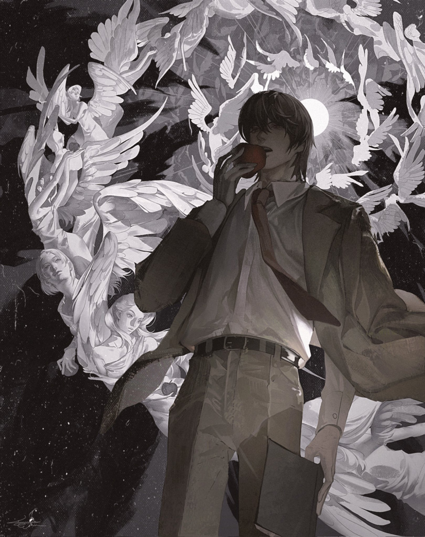 1boy angel angel_wings backlighting belt black_belt bow bowtie business_suit collared_shirt commentary death_note death_note_(object) eating food formal fruit hair_between_eyes highres holding holding_food holding_fruit holding_notebook limited_palette male_focus notebook on_shoulder pants qvlv_kuzi_feichuan shirt shirt_tucked_in short_hair solo suit surreal white_shirt wings yagami_light