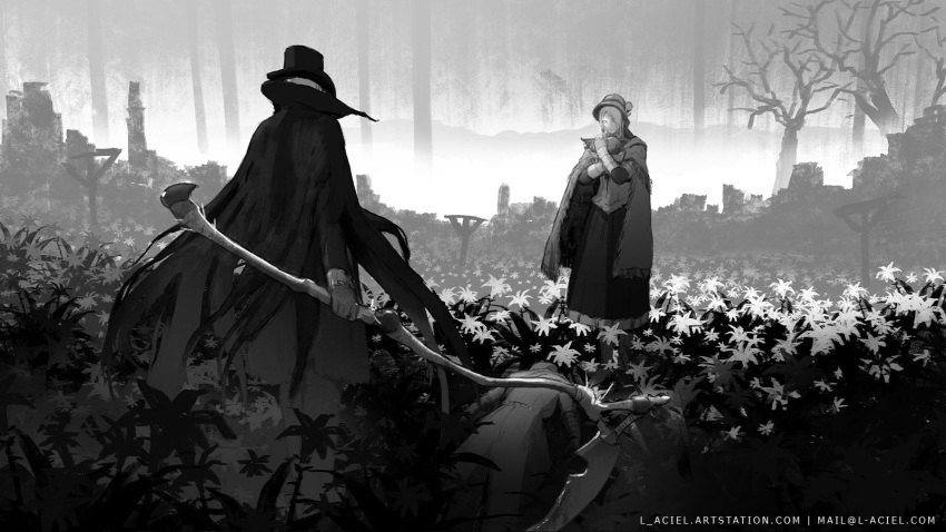 1boy 1girl 1other bare_tree bloodborne cape coat dress email_address field flower flower_field frilled_dress frills gehrman_the_first_hunter gloves hat highres holding holding_scythe hunter_(bloodborne) l_aciel long_hair long_sleeves lying on_stomach outdoors plain_doll scythe short_hair standing top_hat torn_cape torn_clothes tree