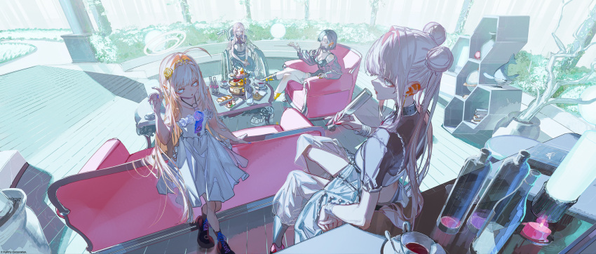 4girls ahoge ami_shido_(crymachina) artist_request bare_arms bare_legs bare_shoulders black_footwear black_hair black_shirt blonde_hair blue_eyes blue_flower blue_nails blue_rose bottle bracelet braid character_request check_artist check_character couch crymachina cup double_bun dress dress_flower enoa_(crymachina) flower flower_ornament food gold_hairband grey_eyes grey_hair hair_bun hairband halo highres holding holding_cup jacket jewelry leben_distel_(crymachina) long_hair long_sleeves medium_hair mikoto_sengiku_(crymachina) multiple_girls official_art on_couch pink_hair purple_jacket rolua rose second-party_source shirt short_sleeves side_braid table thigh_strap twintails very_long_hair wheelchair white_dress white_flower white_rose