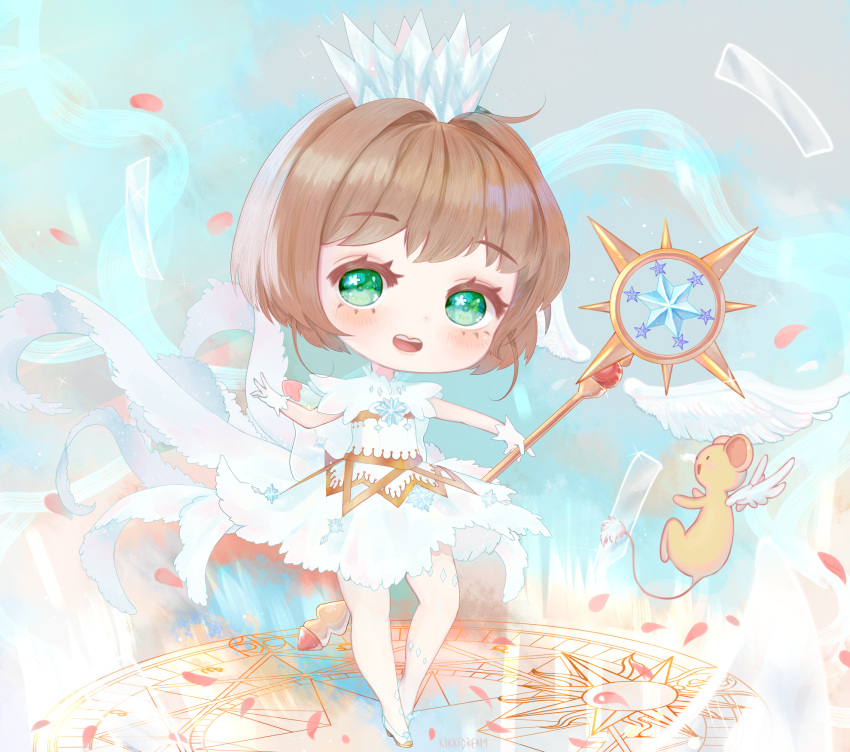 1girl angel_wings blue_headwear brown_hair cardcaptor_sakura colored_eyelashes commentary crown dress english_commentary feathers floating_card gloves green_eyes high_heels highres holding holding_staff ice kero kikkidream kinomoto_sakura light_blush looking_at_viewer magic_circle magical_girl open_mouth outstretched_arms petals short_dress short_hair short_sleeves smile solo_focus staff teeth upper_teeth_only white_dress white_footwear white_gloves white_wings wings