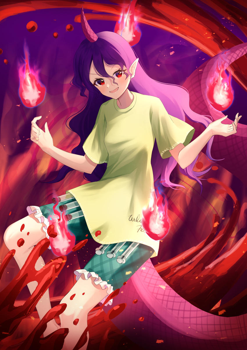 1girl absurdres commentary feet_out_of_frame fire frilled_shorts frills green_shirt green_shorts highres horns long_hair looking_at_viewer nettian51 open_mouth pointy_ears purple_hair red_eyes shirt short_sleeves shorts single_horn solo tail tenkajin_chiyari touhou