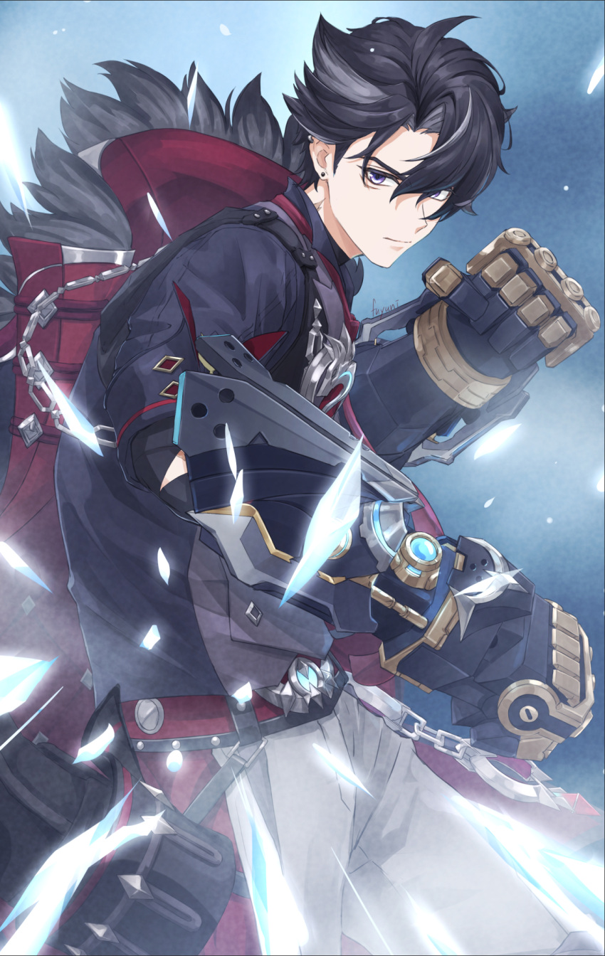 1boy ahoge animal_ears black_hair clenched_hands closed_mouth coat cuffs earrings fur-trimmed_coat fur_trim fuyuni0307 gauntlets genshin_impact grey_pants hair_between_eyes handcuffs highres jewelry male_focus multicolored_hair pants scar scar_on_neck short_hair signature solo streaked_hair upper_body v-shaped_eyebrows wriothesley_(genshin_impact)