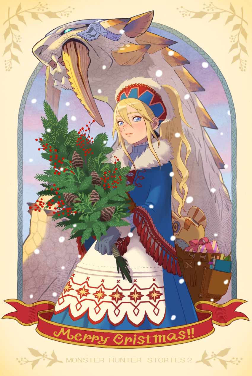 1girl absurdres ayuria barioth blonde_hair blue_eyes christmas_ornaments christmas_present dress fur-trimmed_collar fur_trim gift gloves highres long_hair merry_christmas monster_hunter_(series) monster_hunter_stories_2 notebook official_art ornament ponytail smile snow tusks winter_clothes yian_kut-ku