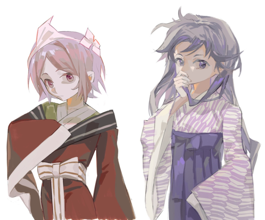 2others alternate_costume androgynous badai bow clause closed_mouth collarbone commentary covering_mouth fingernails frown furisode hakama hand_on_own_chest highres japanese_clothes kimono len'en long_hair long_sleeves looking_at_viewer messy_hair multiple_others obi other_focus patterned_clothing pink_eyes pink_hair purple_hair purple_hakama purple_kimono red_kimono sash shion_(len'en) short_hair sleeves_past_fingers sleeves_past_wrists striped striped_bow symbol-only_commentary triangular_headpiece violet_eyes waist_bow white_background white_bow wide_sleeves