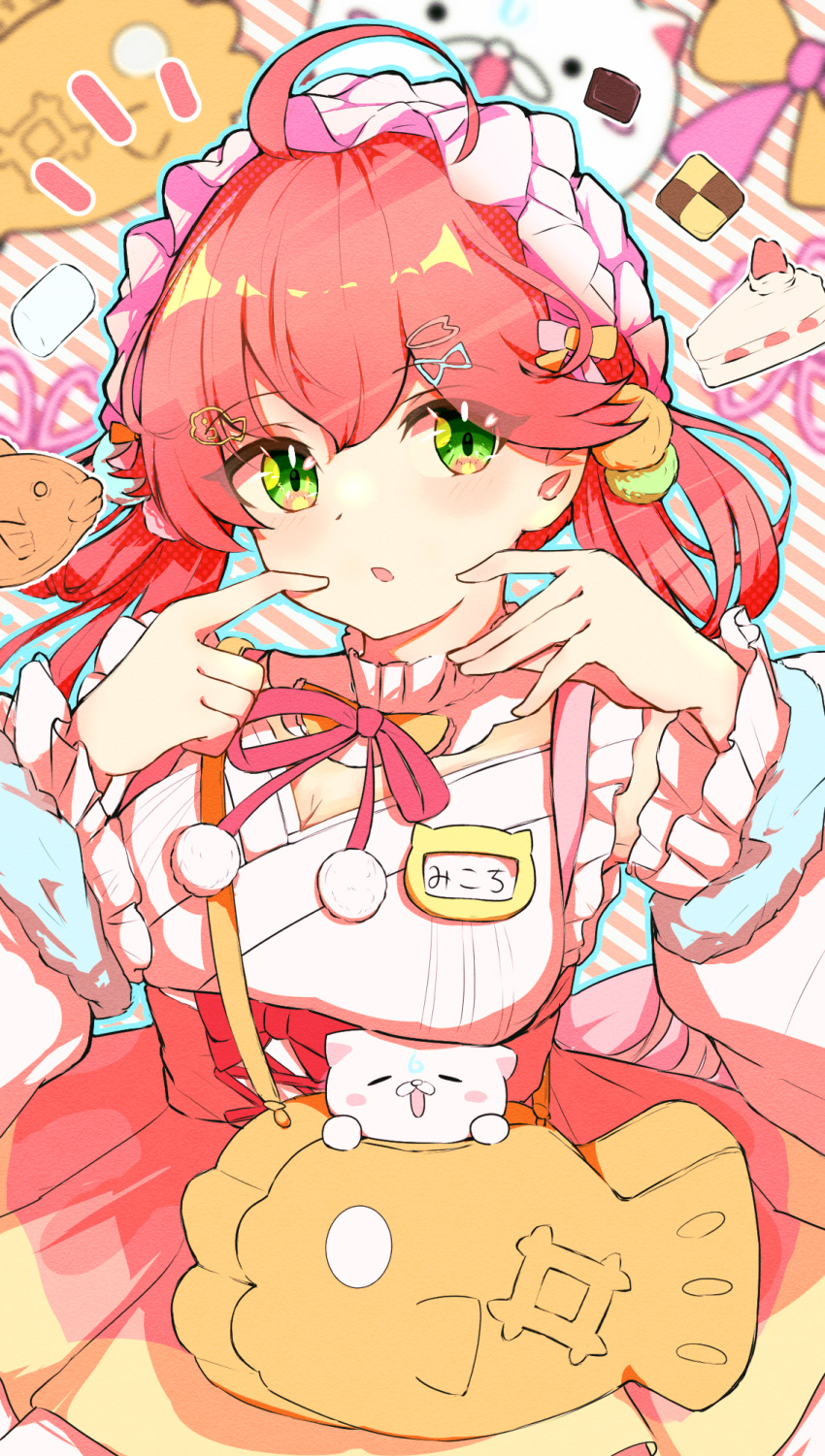 1girl 35p_(sakura_miko) ahoge chilwell_seele food frilled_headwear frilled_sleeves frills green_eyes hair_ornament highres hololive long_hair official_alternate_costume pink_hair pink_ribbon ribbon sakura_miko sakura_miko_(new_year) solo taiyaki virtual_youtuber wagashi