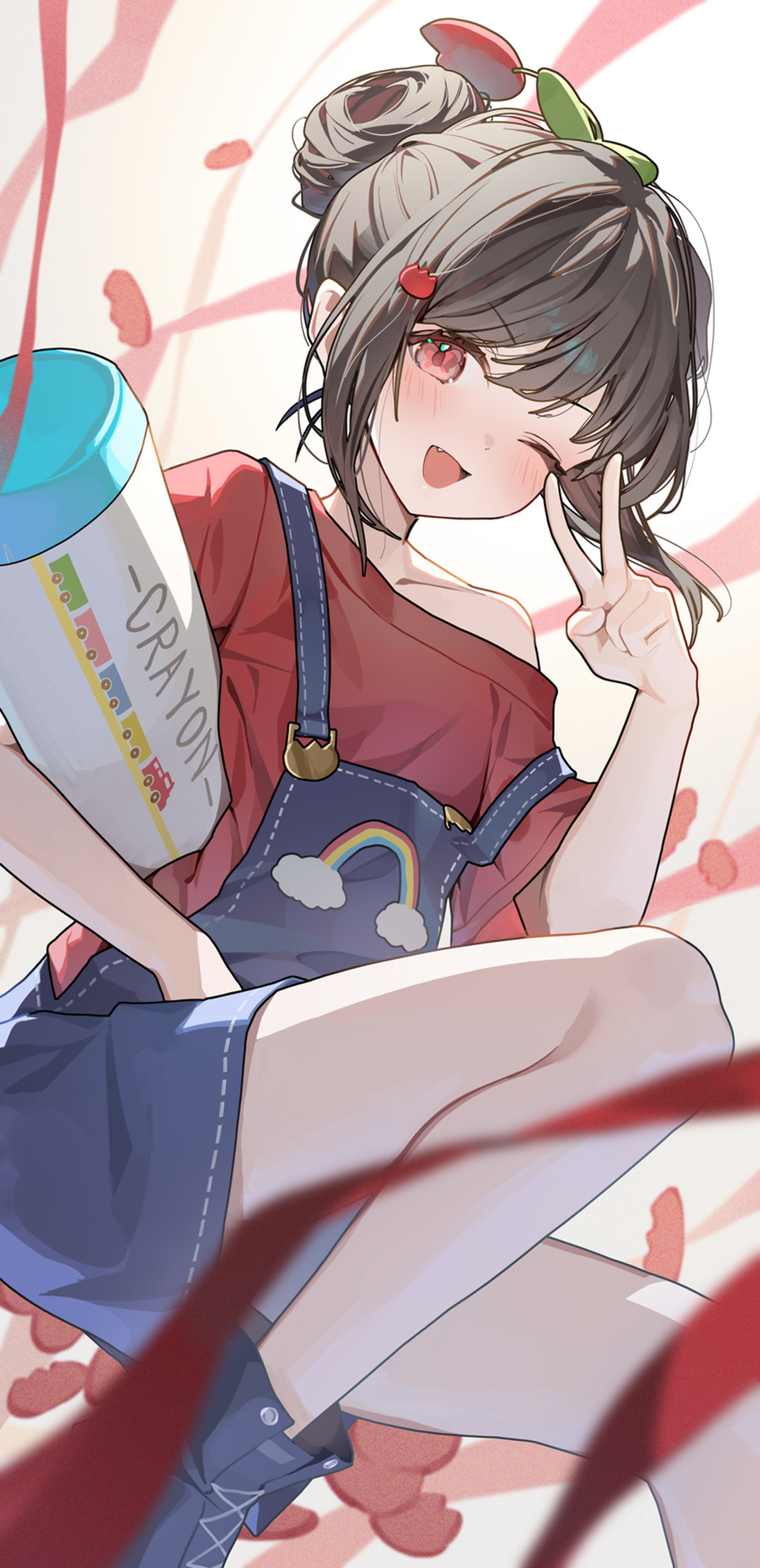 1girl ;d absurdres black_hair blue_overalls hair_bun hair_ornament highres looking_at_viewer ningen_mame off_shoulder one_eye_closed open_mouth original overalls red_eyes red_shirt shirt short_hair short_sleeves sidelocks single_hair_bun smile solo thighs v