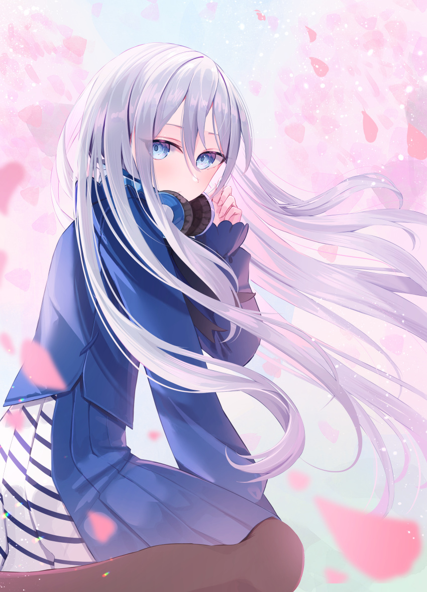 1girl absurdres black_pantyhose blue_eyes blue_jacket blue_skirt blurry blurry_foreground cherry_blossoms commentary_request day feet_out_of_frame floating_hair from_side grey_hair hair_between_eyes headphones headphones_around_neck highres howless jacket long_hair long_sleeves looking_at_viewer looking_to_the_side outdoors pantyhose pleated_skirt project_sekai sitting skirt solo very_long_hair wariza yoisaki_kanade