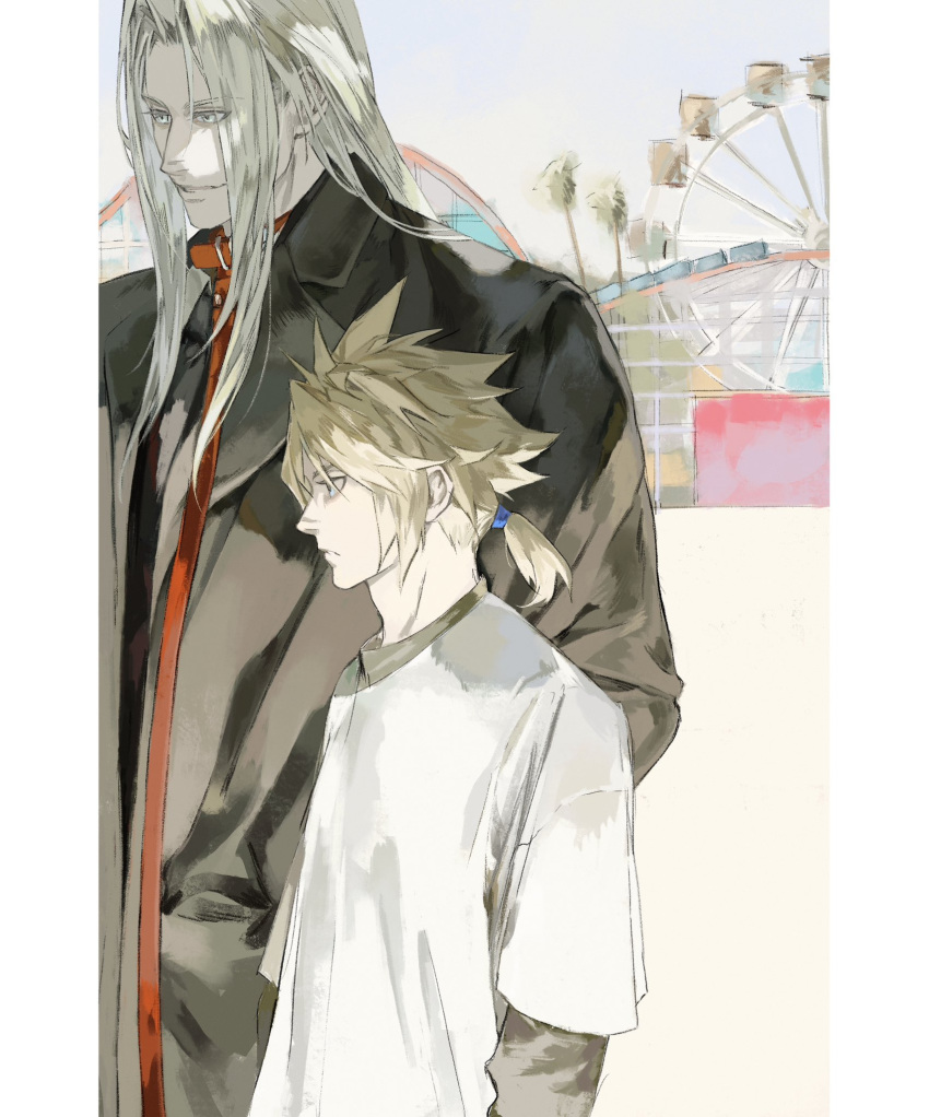 2boys age_difference aged_down alternate_costume alternate_universe amusement_park black_coat blue_sky cloud_strife coat collared_shirt commentary dappled_sunlight day english_commentary expressionless facing_to_the_side ferris_wheel final_fantasy final_fantasy_vii grey_hair hands_in_pockets highres layered_shirt layered_sleeves light_frown long_bangs long_coat long_hair looking_to_the_side low_ponytail male_focus multiple_boys open_clothes open_coat outdoors palm_tree parted_bangs ponytail red_shirt roller_coaster sephiroth serious shirt short_hair short_ponytail sky smile spiky_hair standing sunlight tree white_eyes white_hair white_shirt xscr1205