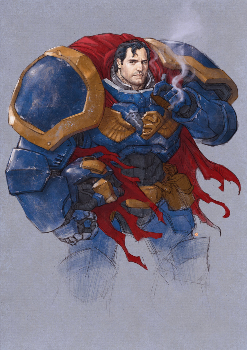 1boy absurdres armor between_fingers black_hair cape chlorenology cigar clark_kent commentary dc_comics double_chin english_commentary facial_hair grey_background helmet highres holding logo male_focus muscular muscular_male real_life red_cape sketch superman superman_(series) warhammer_40k western_comics_(style)