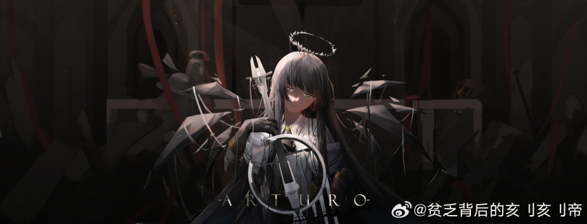 1girl architecture arknights artist_name ascot belt belt_buckle black_ascot black_eyes black_gloves black_hair black_halo black_shirt black_skirt black_wings blunt_bangs bow_(music) broken_halo buckle cello character_name chinese_commentary chinese_text collared_jacket commentary_request crack_of_light curtains dark_halo detached_wings energy_wings gloves halo hand_up head_tilt highres hime_cut holding holding_bow_(music) holding_instrument holding_violin indoors instrument jacket layered_sleeves light_particles long_hair long_sleeves looking_at_viewer music playing playing_instrument red_curtains rubble ruins shade shirt short_over_long_sleeves short_sleeved_jacket short_sleeves sidelocks skirt solo spotlight standing statue string upper_body very_long_hair violin virtuosa_(arknights) wall watermark weibo_7830748800 weibo_logo weibo_username white_belt white_jacket white_string wide_sleeves wing_collar wings