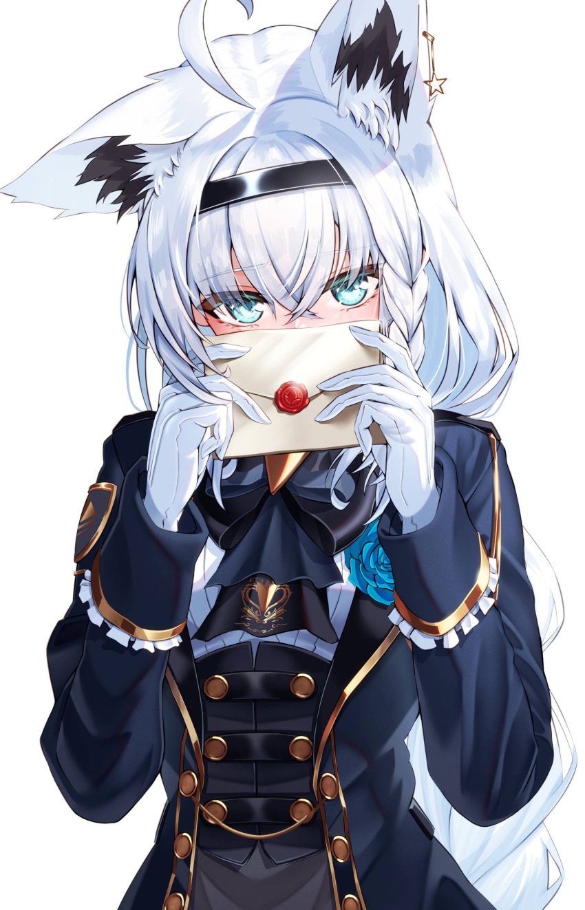 1girl absurdres ahoge animal_ear_fluff animal_ear_piercing animal_ears aqua_eyes ascot bamboo_shoot black_bow black_bowtie black_corset black_hairband blue_eyes blue_flower blue_jacket blue_rose blush bow bowtie braid braided_ponytail commentary_request corset covering_mouth double-parted_bangs ear_piercing flower fox_ears fox_girl gloves hair_between_eyes hairband highres holding holding_letter hololive jacket letter long_hair long_sleeves looking_at_viewer low_ponytail official_alternate_costume official_alternate_hairstyle piercing rose shirakami_fubuki side_braid sidelocks simple_background sleeve_cuffs solo star_piercing steampunk ta_shiuji30 underbust upper_body very_long_hair victorian virtual_youtuber white_background white_gloves white_hair