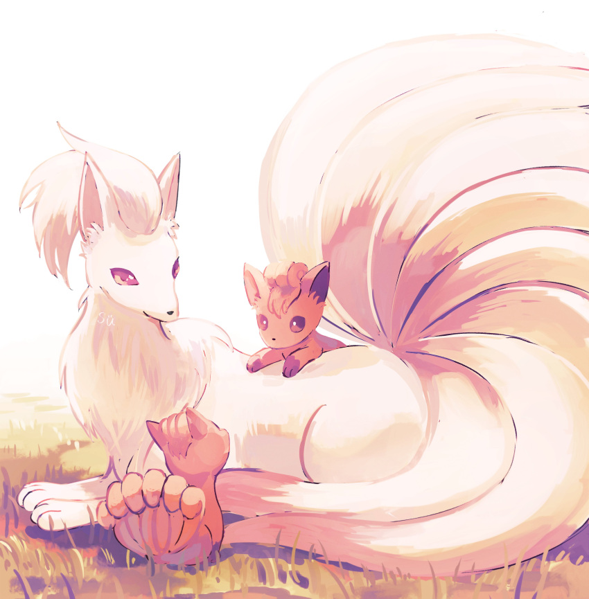 absurdres animal_focus animal_hands dot_nose highres long_tail multiple_tails ninetales no_humans on_grass pokemon pokemon_(creature) red_eyes sitting su_(sajo_su5) tail vulpix white_background white_fur