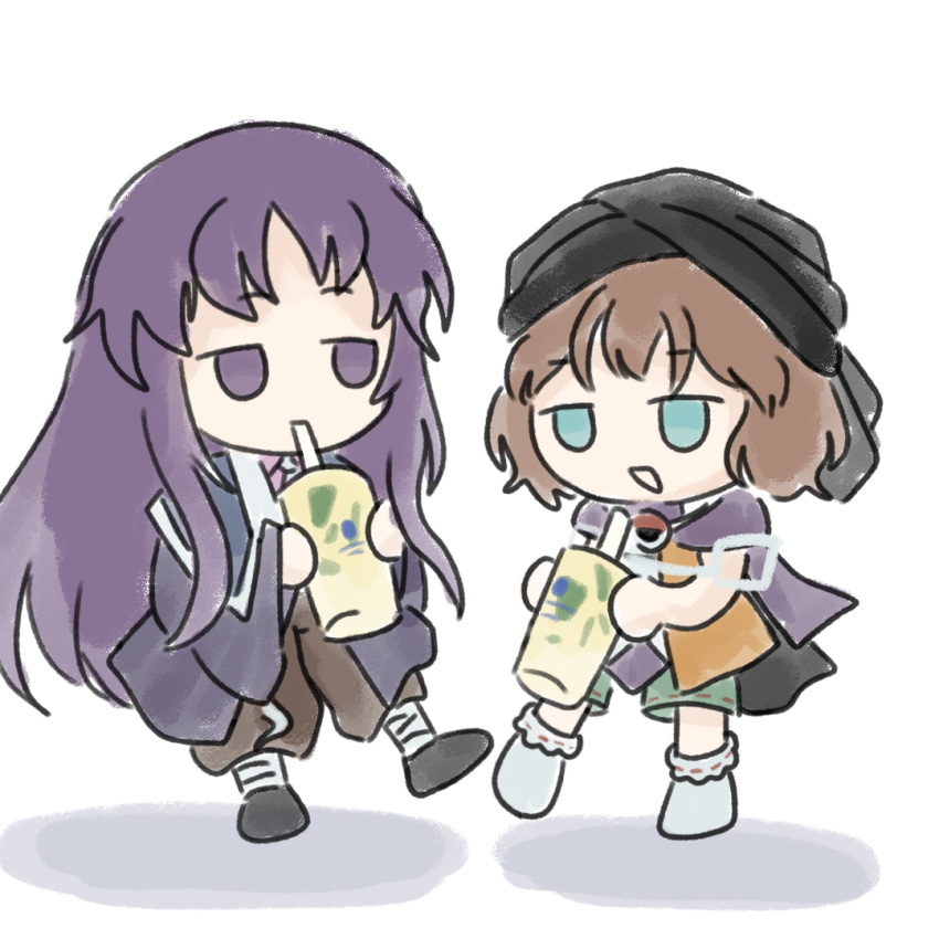 2others androgynous baila_kuangzi bandaged_leg bandages black_footwear black_headwear blue_capelet blue_eyes brown_hair brown_pants capelet chibi chinese_commentary clause coat collared_shirt commentary_request cup drinking green_shorts holding holding_cup kuzu_suzumi len'en long_hair long_sleeves multiple_others no_nose no_shoes open_mouth other_focus pants pink_shirt purple_coat purple_hair purple_scarf ribbon-trimmed_shorts ribbon-trimmed_socks ribbon_trim scarf shirt short_hair shorts simple_background sketch smile socks turban violet_eyes white_background white_socks