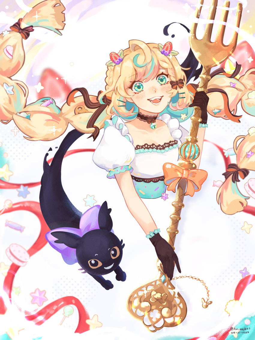 1girl absurdres ahoge am_(maple27) aqua_eyes black_cat black_gloves blonde_hair blue_hair cat dress gloves highres holding holding_staff long_dress long_hair low_twintails lucie_(millie_parfait) millie_parfait multicolored_hair nijisanji nijisanji_en open_mouth smile solo staff streaked_hair twintails very_long_hair virtual_youtuber white_dress