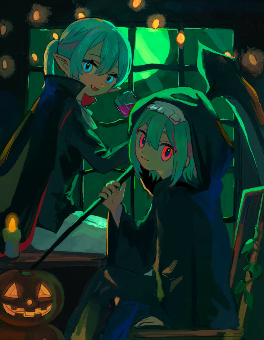 2girls aqua_hair black_cape black_shirt blue_eyes candle cape closed_mouth feet_out_of_frame from_side green_hair hair_between_eyes halloween highres holding holding_scythe hood hood_up indoors jack-o'-lantern long_sleeves looking_at_viewer looking_to_the_side multiple_girls nagomi_(_nagomi_) open_mouth original pointy_ears pumpkin red_eyes scythe shirt sitting wide_sleeves window