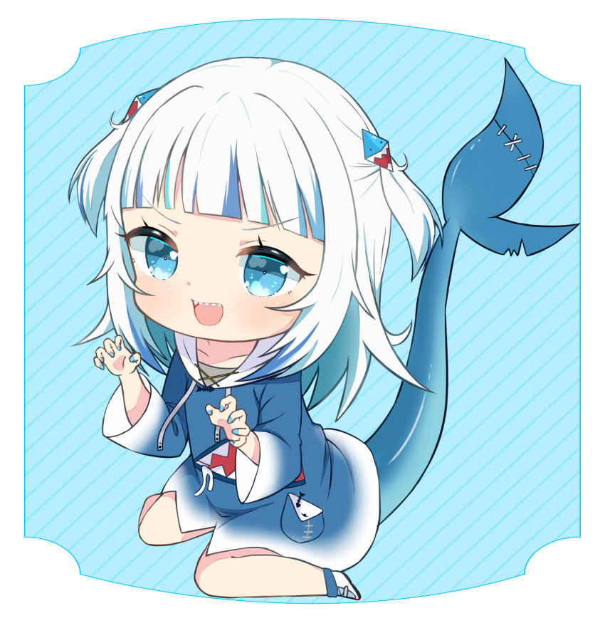 1girl animal_costume blue_hair blue_nails blunt_bangs crys_(dai) fins fish_tail gawr_gura gawr_gura_(1st_costume) hair_ornament highres hololive hololive_english looking_at_viewer medium_hair multicolored_hair nail_polish open_mouth shark_costume shark_girl shark_hair_ornament shark_tail sharp_teeth shoes sidelocks sitting smile sneakers solo streaked_hair tail teeth two_side_up upper_teeth_only virtual_youtuber wariza white_footwear white_hair