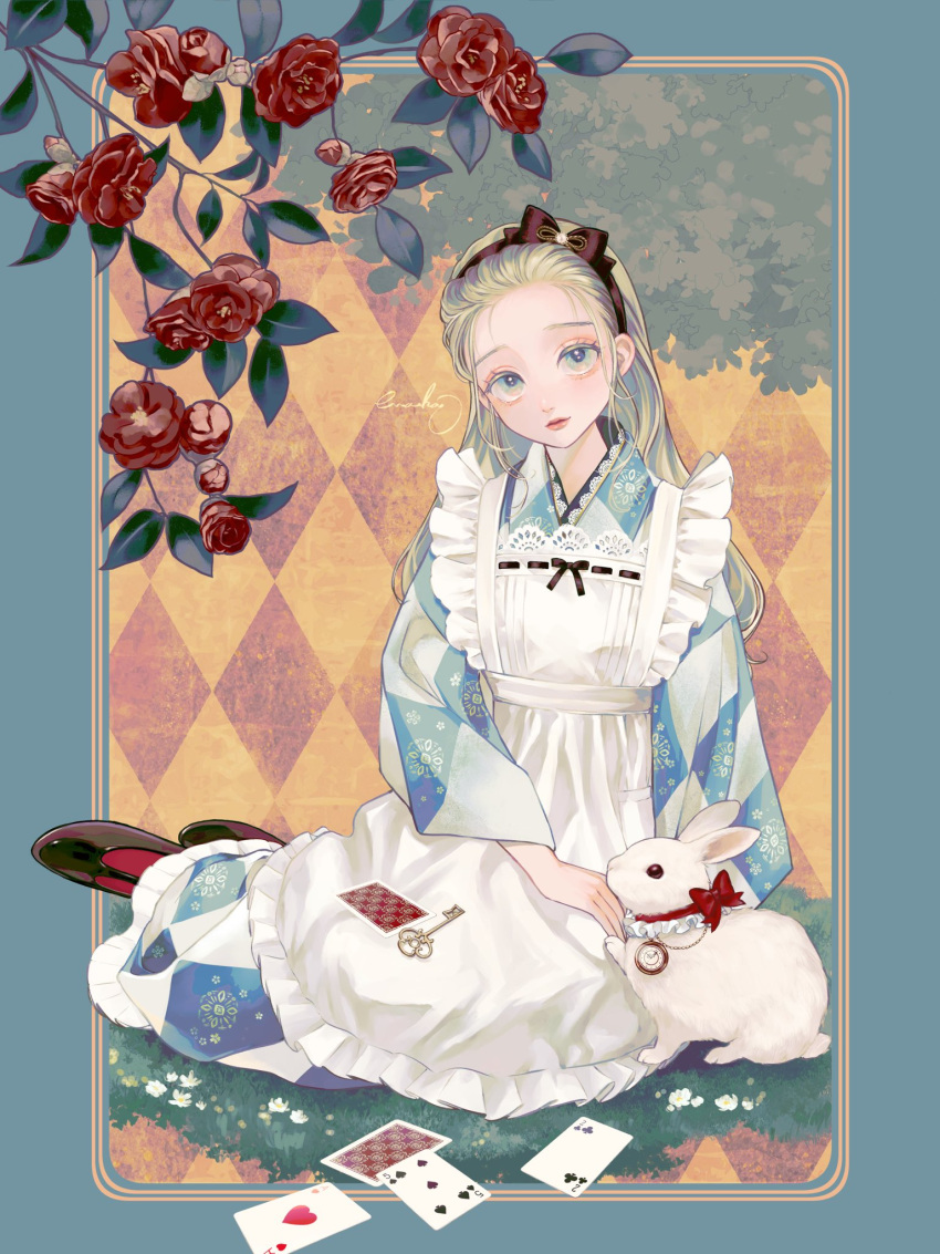 1girl ace_(playing_card) ace_of_hearts alice_in_wonderland apron argyle argyle_kimono bangs_pinned_back black_footwear black_hairband blonde_hair blue_kimono card chinese_zodiac enahamaru expressionless flower full_body grey_eyes hairband heart highres japanese_clothes key kimono long_hair looking_at_viewer maid original playing_card pocket_watch rabbit red_flower red_rose rose sitting solo wa_maid watch white_apron white_rabbit_(animal) wide_sleeves year_of_the_rabbit