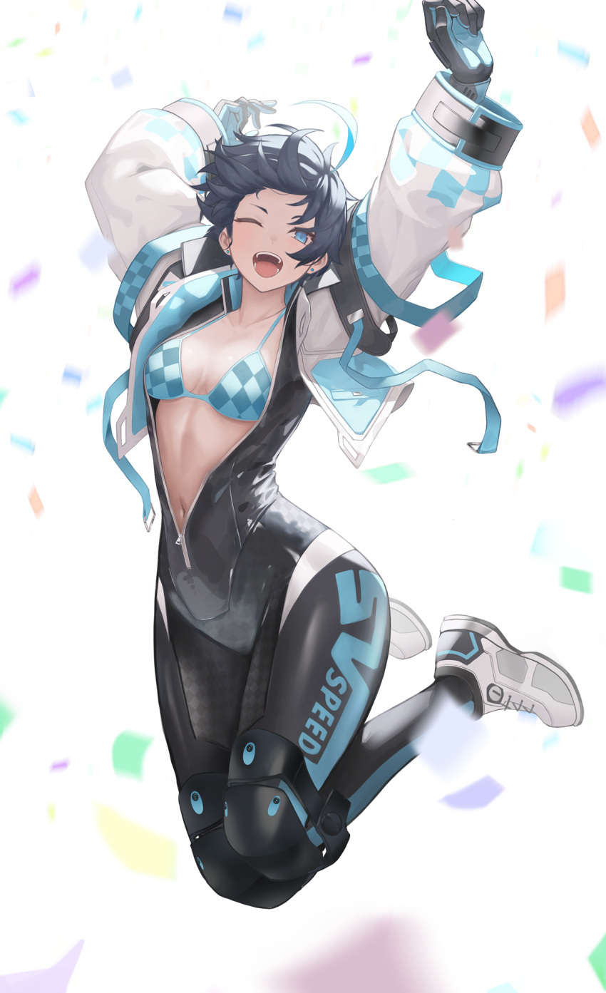 1girl arc2urus black_bodysuit black_survival blue_eyes blue_gloves blue_hair bodysuit gloves highres looking_at_viewer navel solo thighs white_background