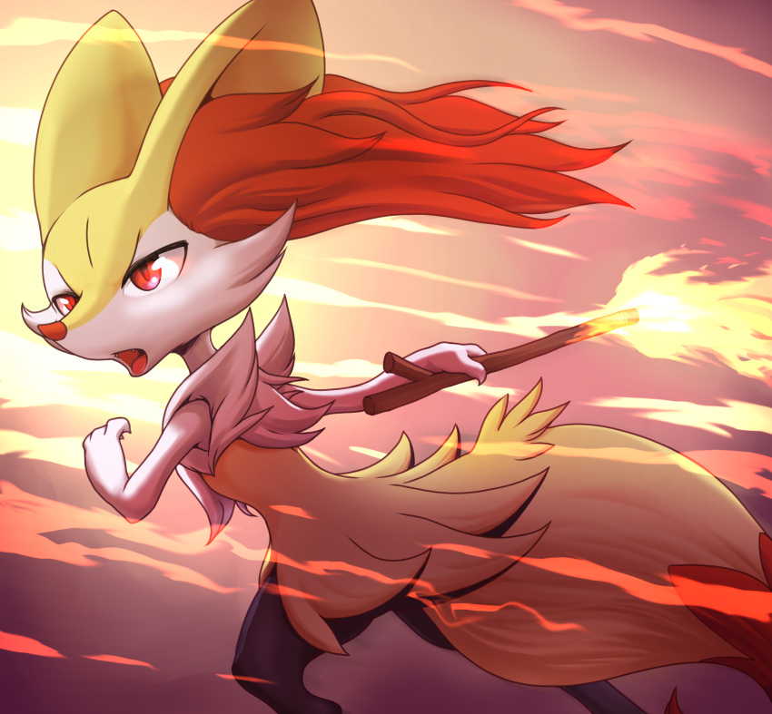 1girl animal_ear_fluff animal_ears animal_nose arm_up black_fur body_fur braixen commentary english_commentary fangs fire fox_ears fox_girl fox_tail from_side furry furry_female hand_up highres holding holding_stick multicolored_fur neck_fur open_mouth outstretched_arm pokemon pokemon_(creature) pyrokinesis red_eyes running snout solo standing stick stoic5 tail tongue white_fur yellow_fur