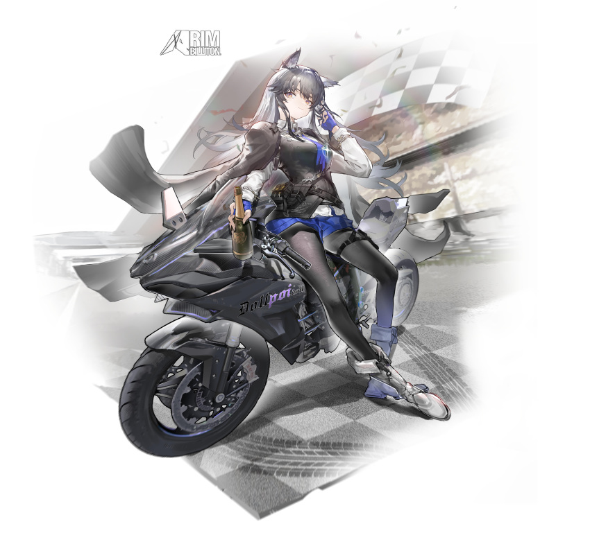 1girl absurdres animal_ears arknights black_hair black_jacket black_pantyhose black_vest blue_necktie blue_shorts boots bottle breasts collared_shirt duo_lu_(dollpoi) faux_figurine highres holding holding_bottle jacket long_hair motor_vehicle motorcycle necktie official_alternate_costume pantyhose shirt shorts small_breasts solo stadium standing texas_(arknights) texas_the_omertosa_(arknights) vest white_shirt wind wolf_ears yellow_eyes