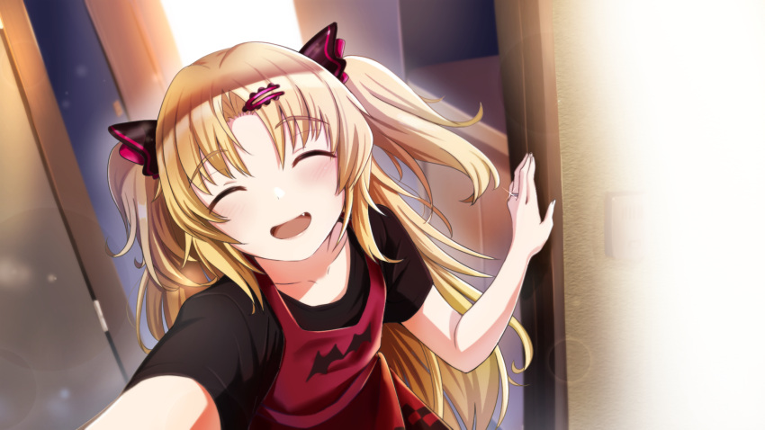 1girl akatsuki_uni animal_print ankoku_kishi_m apron bat_print black_shirt blonde_hair blush checkered_clothes closed_eyes collarbone doorway facing_viewer fang flat_chest hair_ornament highres housewife jewelry long_hair open_door open_mouth opening_door parted_bangs pov pov_doorway red_apron ring shirt short_sleeves smile solo t-shirt two_side_up uni_create upper_body vampire very_long_hair virtual_youtuber wedding_ring