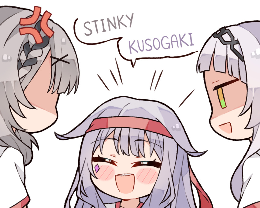 3girls anger_vein blush_stickers braid closed_eyes commentary english_commentary english_text face_jewel grey_hair gym_shirt hair_flaps headband highres hololive hololive_english insult koseki_bijou kukie-nyan long_hair looking_at_another multiple_girls murasaki_shion open_mouth purple_hair red_headband romaji_commentary sakamata_chloe shaded_face shirt short_sleeves simple_background teeth upper_teeth_only virtual_youtuber white_background yellow_eyes
