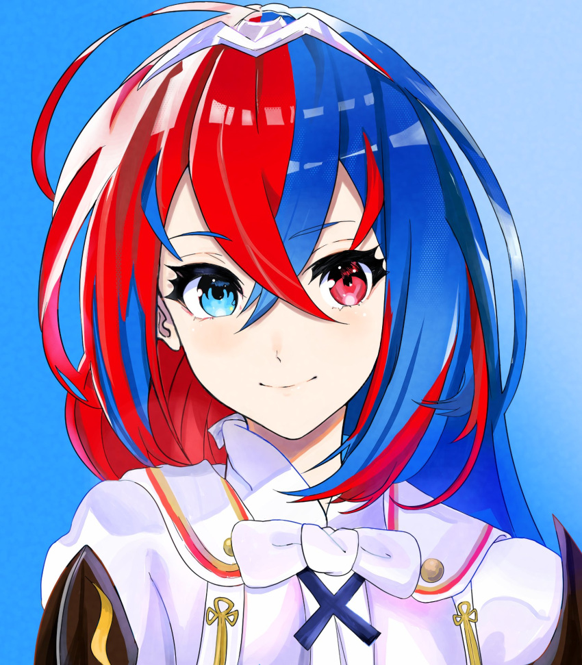 1girl alear_(female)_(fire_emblem) alear_(fire_emblem) blue_background blue_eyes blue_hair closed_mouth fire_emblem fire_emblem_engage glassschicken highres light_smile long_hair looking_at_viewer portrait red_eyes solo