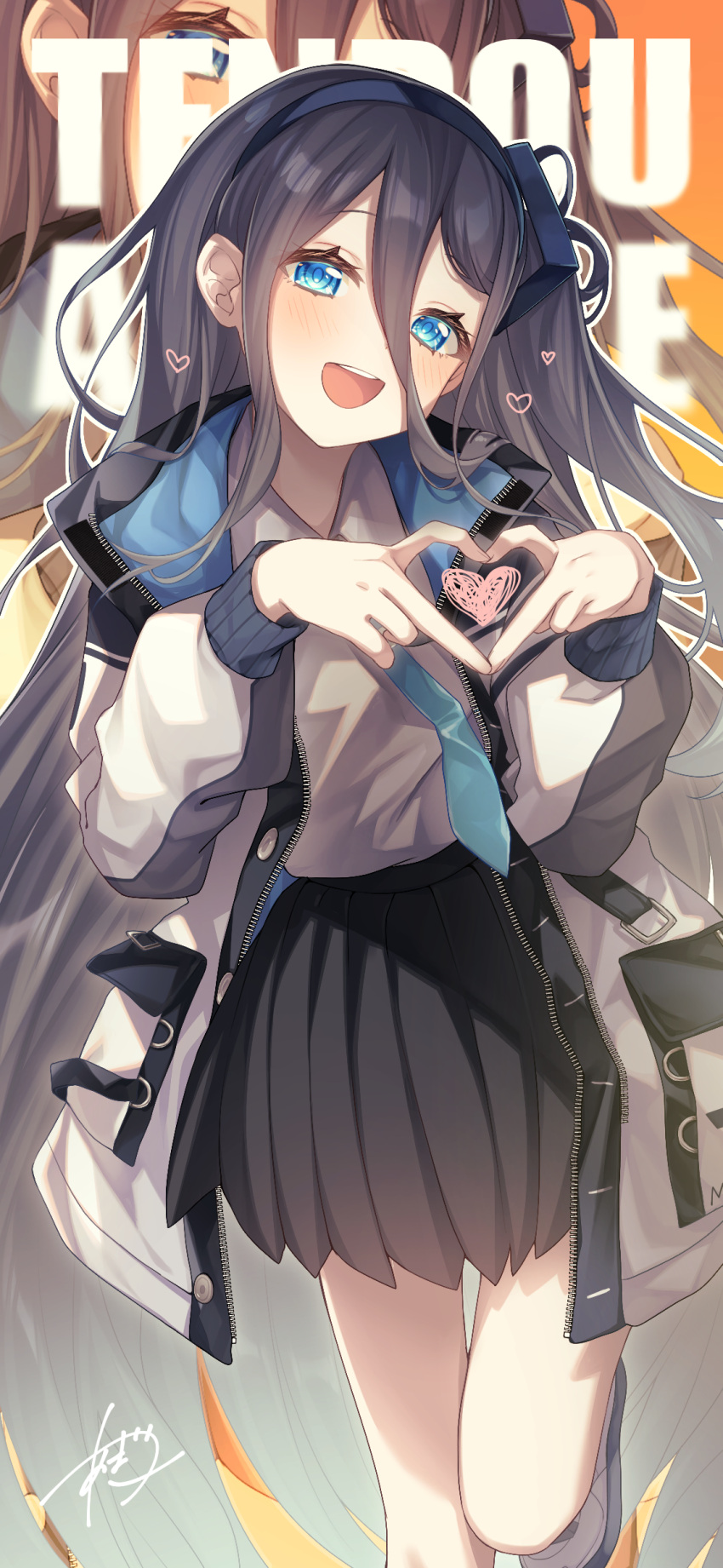 1girl absurdly_long_hair absurdres amatsuji aris_(blue_archive) black_hair black_hairband black_skirt blue_archive blue_eyes blue_necktie blush collared_shirt hairband heart highres jacket long_hair looking_at_viewer multiple_views necktie open_clothes open_jacket open_mouth pleated_skirt shirt signature skirt smile two-sided_fabric two-sided_jacket very_long_hair white_jacket white_shirt zoom_layer