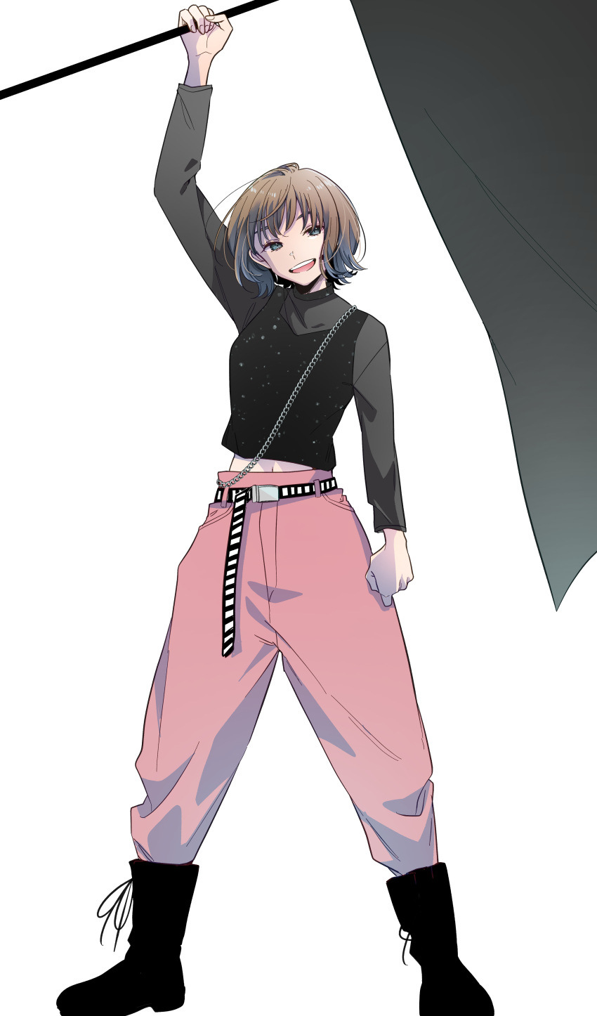 1girl absurdres belt belt_buckle black_belt black_eyes black_footwear black_shirt boots brown_hair buckle chain commentary_request flag full_body highres holding holding_flag kashikaze long_sleeves midriff_peek navel open_mouth pants pink_pants real_life saitou_shuka shirt short_hair simple_background solo standing teeth upper_teeth_only voice_actor white_background