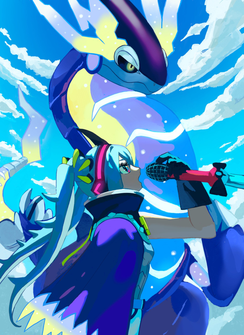1girl absurdres black_gloves blue_cape blue_hair blue_sky cape clouds day dragon_miku_(project_voltage) from_side gloves hand_up hatsune_miku headphones high_collar highres holding holding_microphone light_blue_hair long_hair microphone miraidon music nagomi_(_nagomi_) open_mouth outdoors pokemon pokemon_(creature) profile project_voltage singing sky solo twintails upper_body vocaloid