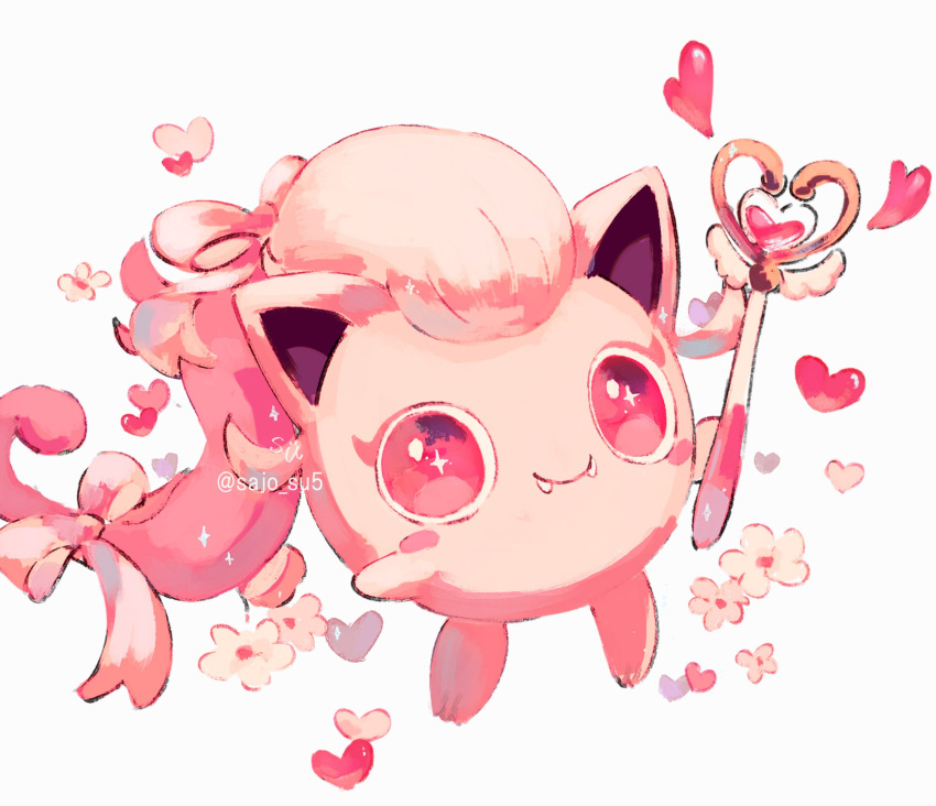 +_+ animal_focus artist_name bow bowtie fangs flower heart highres holding holding_wand long_hair multi-tied_hair no_humans pink_bow pink_bowtie pink_eyes pink_hair pink_theme pokemon pokemon_(creature) scream_tail simple_background smile su_(sajo_su5) wand white_background