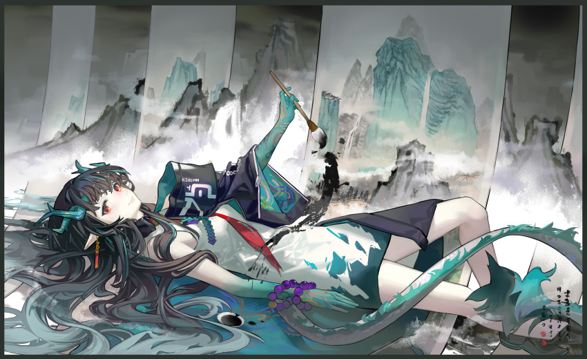1girl absurdres arknights arm_tattoo awakeningdog bead_bracelet beads black_hair border bracelet breasts china_dress chinese_clothes colored_skin dragon_girl dragon_horns dragon_tail dress dusk_(arknights) earrings green_hair green_skin grey_border hair_spread_out hand_up highres holding holding_brush horns jewelry knee_up looking_at_viewer lying multicolored_hair on_back painting_(object) pointy_ears red_eyes sleeveless sleeveless_dress small_breasts smile solo streaked_hair tail tassel tassel_earrings tattoo white_dress