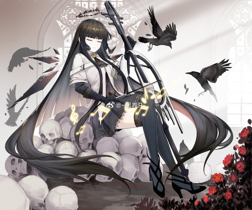 1girl animal arknights artist_name ascot belt belt_buckle bird black_ascot black_belt black_bustier black_feathers black_footwear black_gloves black_hair black_halo black_wings blunt_bangs bone bow_(music) breasts broken_halo buckle bustier buttons cello chinese_commentary chinese_text cigarette_p closed_eyes closed_mouth collared_jacket colored_inner_hair commentary_request concentrating crossed_legs crow dark_halo day detached_wings dress_shirt energy_wings facing_ahead falling_feathers feathers flower flying from_side full_body glass gloves grey_hair grey_shirt grey_skirt grey_thighhighs halo hand_up high_heels highres hime_cut holding holding_bow_(music) holding_instrument holding_violin indoors instrument jacket layered_sleeves leaf light_rays long_hair long_sleeves medium_breasts miniskirt mole mole_under_eye multicolored_hair music musical_note pale_skin plant playing playing_instrument pleated_skirt red_flower red_rose redhead rose shirt short_over_long_sleeves short_sleeved_jacket short_sleeves sidelocks sitting skirt skull solo stained_glass strappy_heels sunbeam sunlight thigh-highs very_long_hair violin virtuosa_(arknights) watermark weibo_logo weibo_username white_belt white_jacket wide_sleeves window wing_collar wings zettai_ryouiki