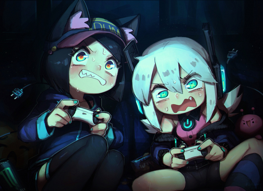 2girls animal_ear_fluff animal_ears black_hair cable cable_tail clenched_teeth controller digitan_(porforever) fang game_controller green_eyes headphones highres mechanical_tail multiple_girls nail_polish original porforever sitting sweat tail teeth white_hair