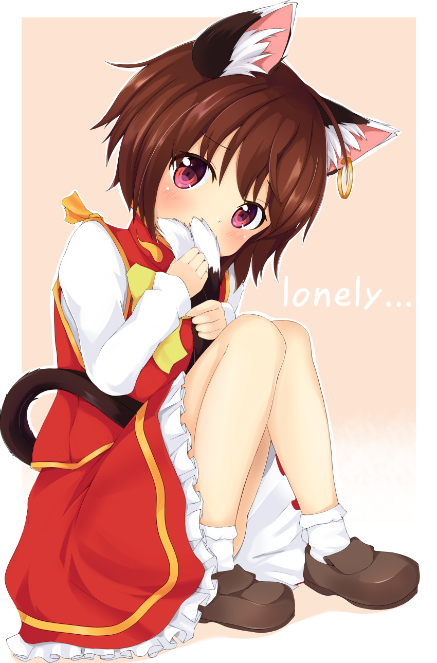 1girl absurdres animal_ear_piercing animal_ears bare_legs blush bobby_socks border brown_footwear brown_hair cat_ears cat_tail chen chinoru commentary_request covering_mouth earrings english_text frills full_body head_tilt highres holding_own_tail jewelry knees_together_feet_apart long_sleeves looking_at_viewer multiple_tails nekomata no_headwear outline outside_border petite petticoat pink_background red_skirt red_vest short_hair simple_background single_earring sitting skirt skirt_set socks solo tail touhou two_tails vest violet_eyes white_border white_outline