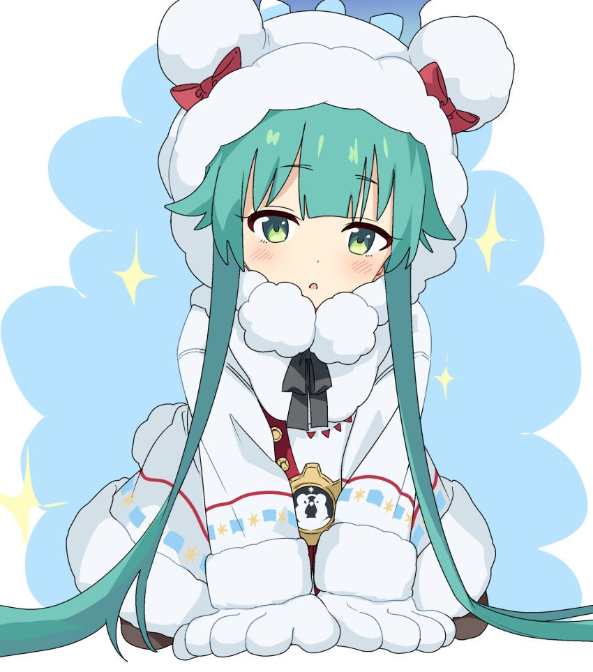1girl :o all_fours aqua_hair black_pantyhose blue_archive blush coat full_body gloves green_eyes halo highres hood hood_up hooded_coat long_hair long_sleeves looking_at_viewer momiji_(blue_archive) momomatang pantyhose pom_pom_(clothes) solo sparkle very_long_hair white_coat white_gloves winter_clothes winter_coat