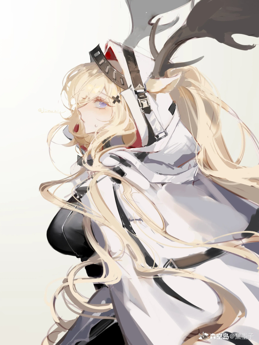 1girl arknights artist_request black_dress blonde_hair blue_eyes blush breasts cape closed_mouth deer_girl dress highres looking_at_viewer medium_breasts non-web_source simple_background solo source_request upper_body viviana_(arknights) white_background white_cape