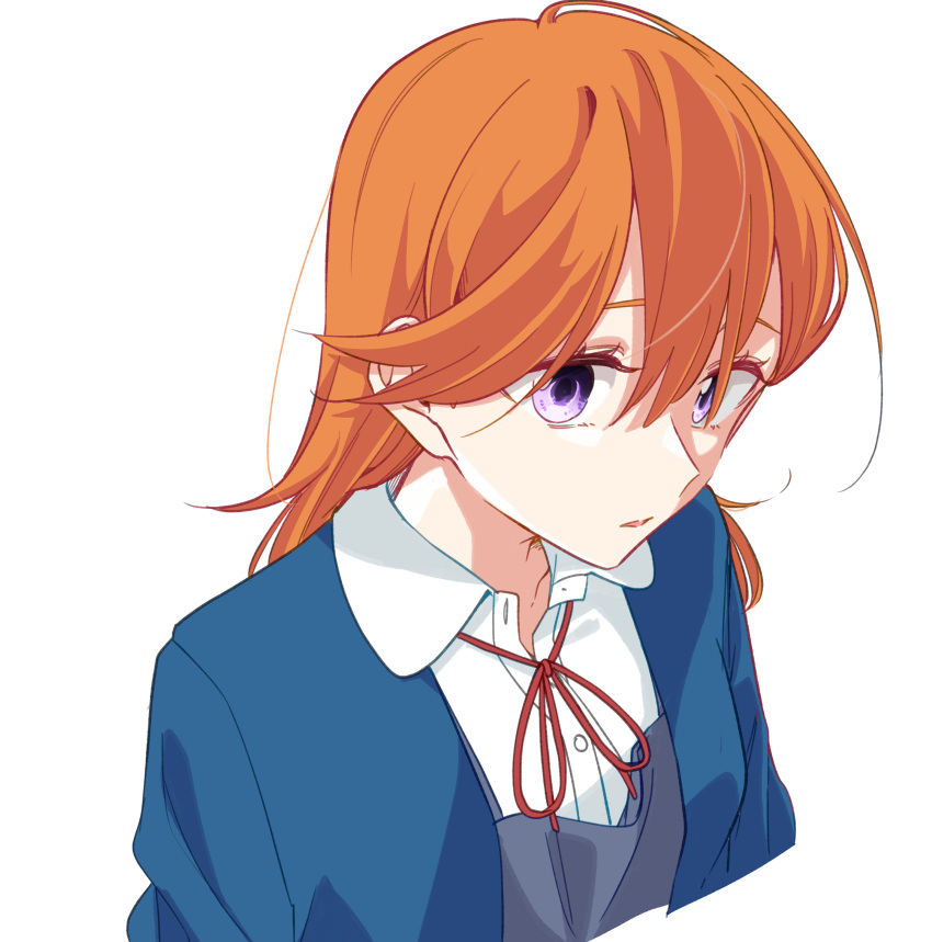 1girl absurdres blue_jacket collared_shirt commentary_request cropped_torso dress_shirt hair_between_eyes highres jacket kashikaze long_hair love_live! love_live!_superstar!! neck_ribbon open_clothes open_jacket orange_hair parted_lips red_ribbon ribbon school_uniform shibuya_rin shirt simple_background solo upper_body violet_eyes white_background white_shirt yuigaoka_school_uniform