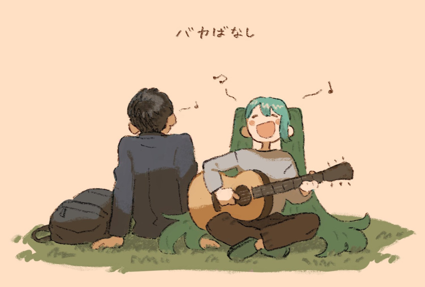 1boy 1girl acoustic_guitar alternate_costume arm_support backpack bag black_bag black_hair black_jacket blue_hair blush_stickers brown_background brown_pants casual closed_eyes commentary_request facing_away facing_viewer full_body grass green_footwear grey_shirt guitar hatsune_miku holding holding_guitar holding_instrument indian_style instrument jacket long_hair long_sleeves matsuzaki_black music musical_note on_ground open_mouth pants playing_guitar salaryman shirt shoes side-by-side simple_background singing sitting smile song_name spoken_musical_note twintails very_long_hair vocaloid