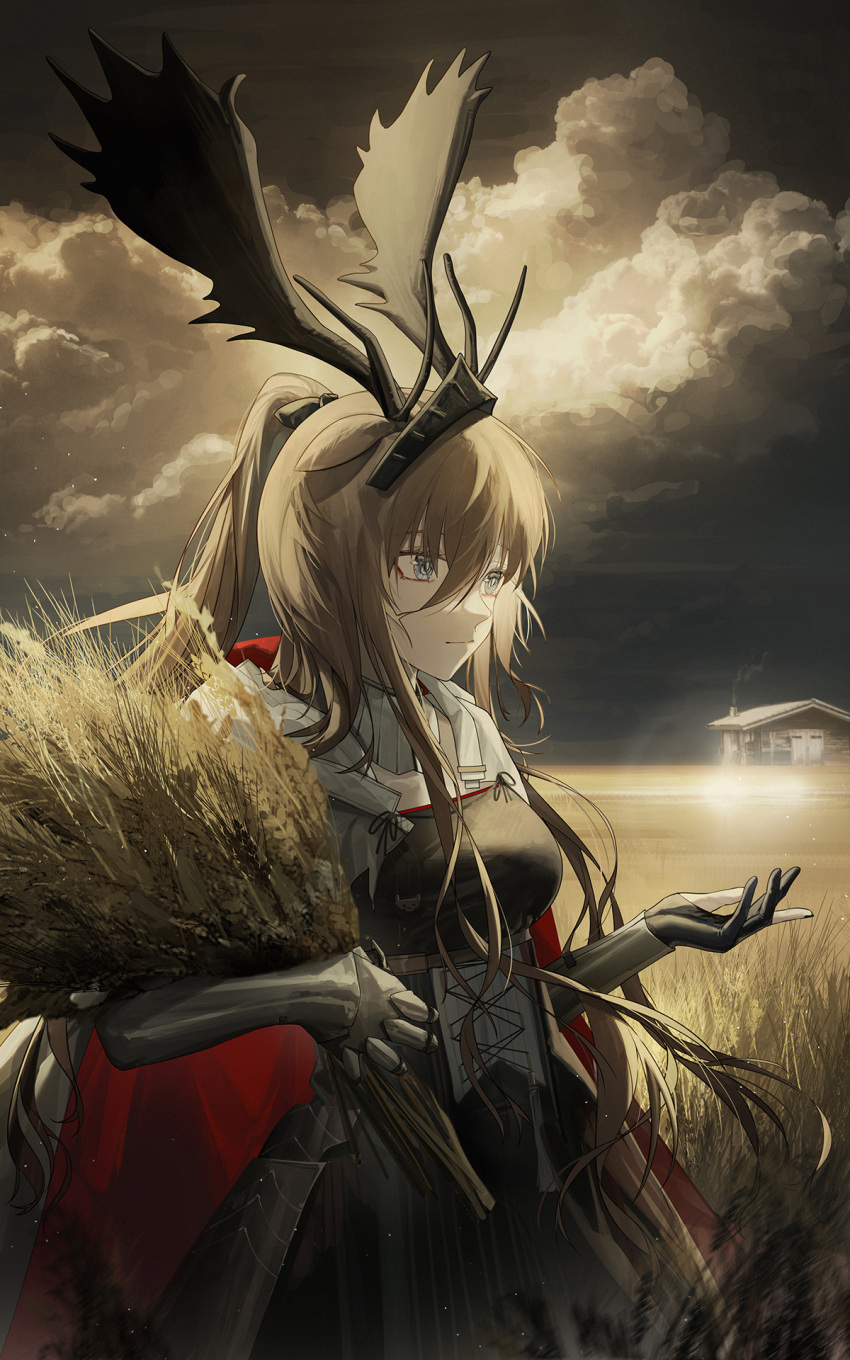 1girl animal_ears antlers arknights black_dress black_gloves black_sky blue_eyes breasts cape clouds cloudy_sky cowboy_shot deer_antlers deer_ears deer_girl dress gauntlets gloves hair_between_eyes hand_up highres holding_wheat hood hooded_cape house landscape medium_breasts open_hand outdoors partially_fingerless_gloves red_cape sky solo viviana_(arknights) wheat wheat_field yuuki_mix