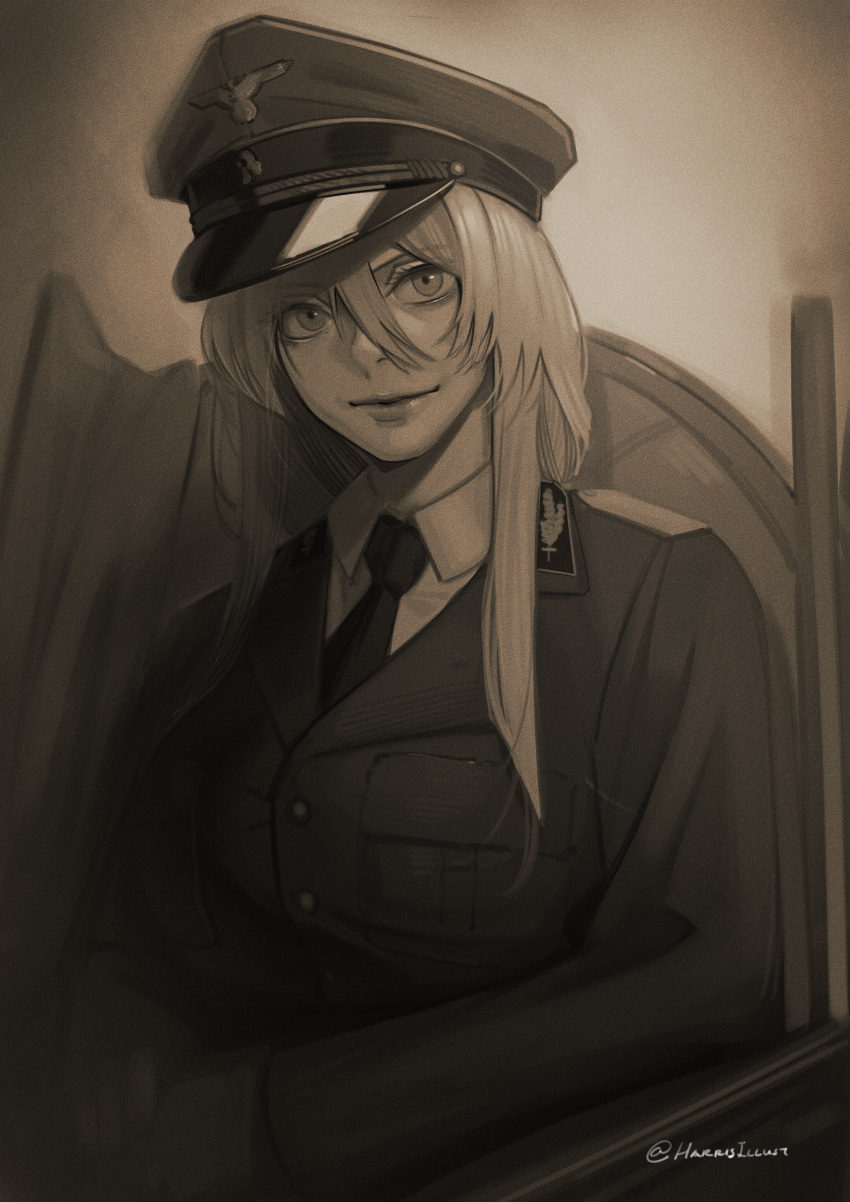 1girl absurdres azur_lane bismarck_(azur_lane) chair greyscale harris_hero hat highres light_smile lips looking_at_viewer military_hat military_uniform monochrome nazi necktie own_hands_together sepia signature sitting solo twitter_username uniform