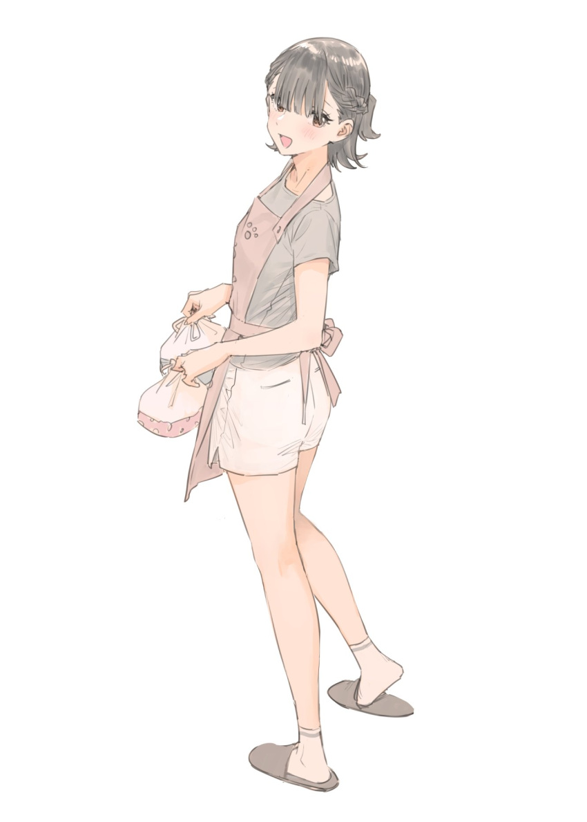 1girl apron black_hair brown_eyes full_body goshiki_suzu grey_shirt highres holding looking_at_viewer open_mouth original paw_print red_apron shirt short_sleeves shorts simple_background slippers socks solo standing white_background white_shorts white_socks wrapped_bento