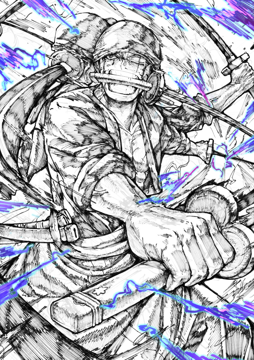 1boy absurdres bandana commentary_request highres holding holding_sword holding_weapon japanese_clothes katana male_focus monochrome mouth_hold multiple_heads one_eye_closed one_piece roronoa_zoro satomaru31000 scar scar_across_eye scar_on_chest scar_on_face short_hair solo spot_color sword teeth triple_wielding weapon