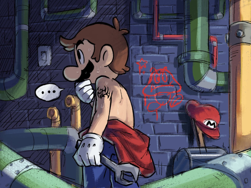 ... 1boy arm_tattoo black_eyes blue_pants brown_hair clothes_around_waist facial_hair gloves goomba hammer hat highres holding holding_wrench indoors industrial_pipe male_focus mari_luijiroh mario mustache pants profile red_headwear solo super_mario_bros. sweat tattoo topless_male unworn_hat unworn_headwear white_gloves wrench