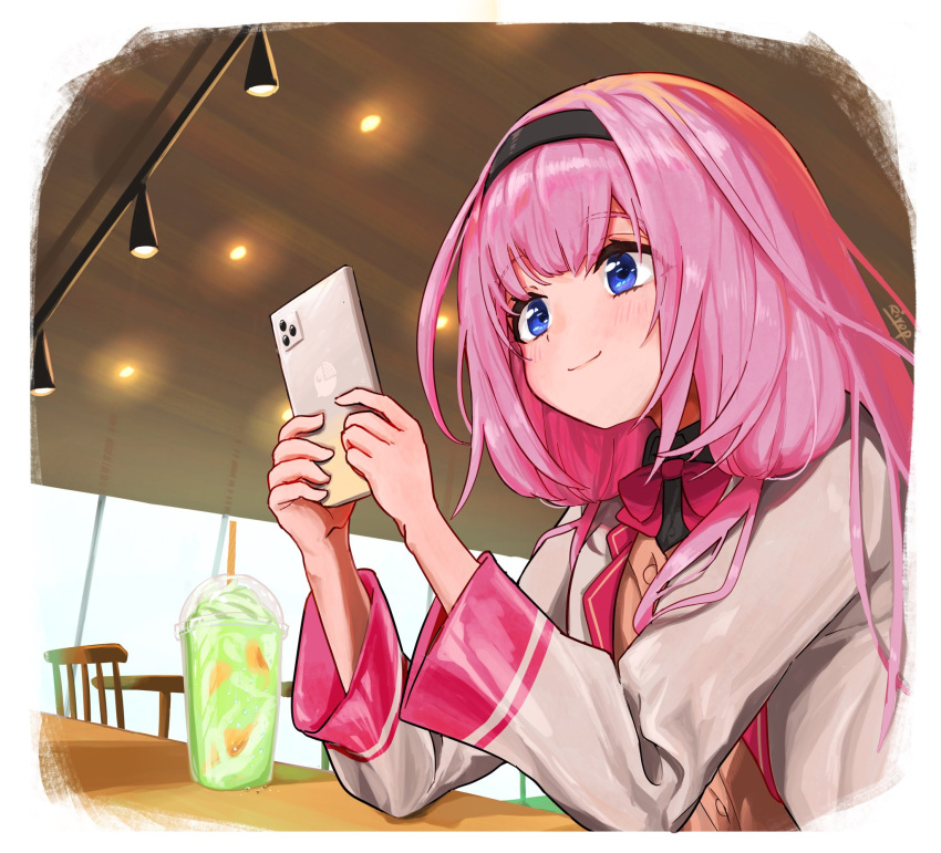1girl black_hairband black_shirt blue_eyes blush border brown_cardigan cafe cardigan ceiling_light cellphone closed_mouth cup disposable_cup drinking_straw elbows_on_table gakusei_(26_sr) hairband hands_up highres holding holding_phone indoors jacket long_hair long_sleeves looking_at_phone nijisanji phone pink_hair school_uniform selene_girls_school_uniform shirt smartphone smile solo suo_sango suo_sango_(1st_costume) upper_body virtual_youtuber white_border white_jacket