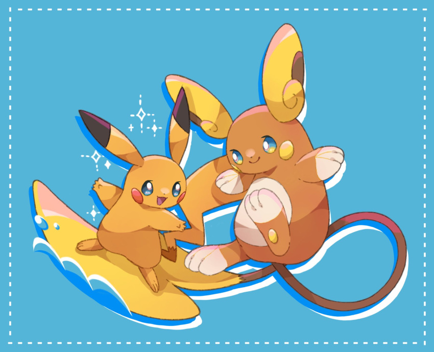 alolan_raichu animal_feet animal_hands blue_background blue_eyes commentary_request dot_nose highres long_tail mouse open_mouth pikachu pokemon pokemon_(creature) smile sparkle spiked_tail surfing tail towa_(clonea) water