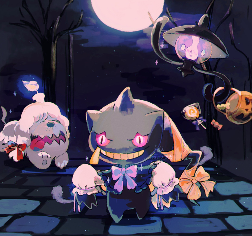 banette bow bowtie candle candy commentary_request dog food freckles ghost greavard grin highres jack-o'-lantern lamp lampent looking_at_viewer moon night night_sky no_humans pokemon pokemon_(creature) purple_bow purple_bowtie red_bow red_bowtie sky smile star_(sky) su_(sajo_su5) tongue tongue_out tree violet_eyes yellow_bow yellow_bowtie