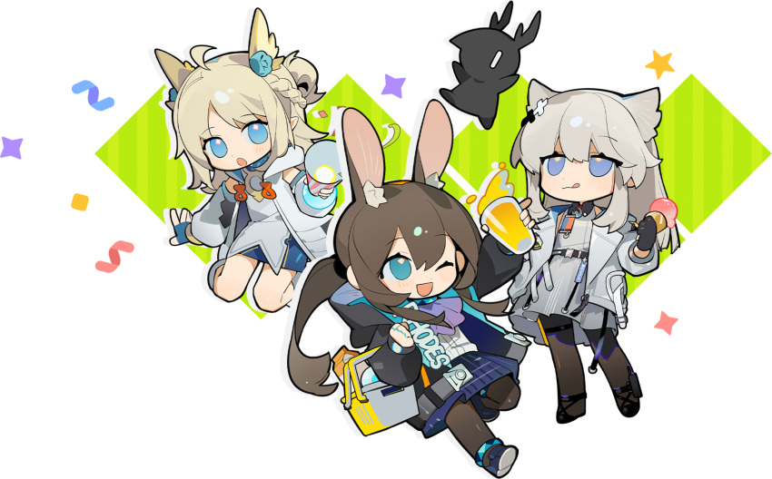 3girls :o ;d absurdres amiya_(arknights) animal_ear_fluff animal_ears anklet arknights arknights:_endfield artist_request bird_ears black_footwear black_gloves black_pantyhose blonde_hair blue_eyes blue_gloves blue_skirt brown_hair clothes_writing cup dress ex_astris extra_ears fingerless_gloves gloves grey_hair hair_between_eyes hair_ornament highres holding holding_cup holding_ice_cream_cone hood hood_down hooded_jacket hypergryph_(arknights) jacket jewelry licking_lips looking_at_viewer multiple_girls multiple_rings one_eye_closed open_clothes open_jacket pantyhose perlica_(arknights) pointy_ears ponytail rabbit_ears rabbit_girl ring sidelocks simple_background skirt smile sparkle star_(symbol) tongue tongue_out transparent_background white_dress white_jacket x_hair_ornament